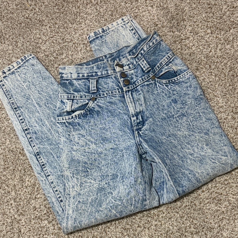 1980 vintage Sunset brand acid wash blue jeans made in the USA